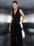 Yipinpay Elegant Office 2 Pieces Sets Black Cotton Linen V-Neck Sleeveless Vest Outfit Summer High Waist Wide Leg Pants Sets