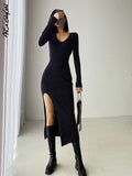 yipinpay Sleeve Midi Dress Woman V Neck Knitted Dresses Solid Autumn Winter High Slit Bodycon Dress Y2k Fashion Khaki Sweater Dress