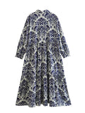 Yipinpay 2023 Vintage Print Long Dress Women Blue Shirt Dress Woman Ruffle Long Sleeve Midi Dresses Women's Elegant Loose Dresses