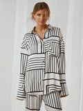 Yipinpay Lapel Irregular Stripe Button Shirt And Pants Women Sleep Suit 2 Piece Single-Breasted Print Casual Home Suit Female
