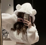 Yipinpay Autumn Winter Women's Plush Sweater Slim Retro Fashion Thickened Short High Waisted Bear Hooded Top and Short Pants