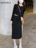 Yipinpay Autumn 2023 New Women's Skirt Suit Vintage Sexy Elegant Fashion Short Long-sleeved T-shirt Top and Midi Skirt 2-piece Set