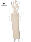 Yipinpay Spaghetti Strap Knitted Beach Long Dress Summer Vintage Hollow Out Sheath Sundress 2024 Elastic Backless Sexy Dress
