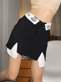 Yipinpay Grunge Y2k Black Mini Skirt Women Chic Flanging Printed High Waist Irregular Patchwork Split Pencil Skirt Streetwear 90s