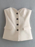 Yipinpay 2Pcs Ladies Solid Blazer Sets 2023 Pretty Strapless Single Breasted Tops+Slit Straight Trousers Basic Zipper Pants