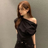 Yipinpay Shirts for Women White Diagonal Collar Crop Tops Off Shoulder Short Sleeve Tshirt Lady Korean Wild OL Pleated T-shirts