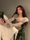 Yipinpay Collar Grey Cropped Cardigan Sleeve V Neck Sexy Sweaters Sueter Tops Pull Knitted Sweater Jacket Chic Retro