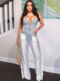 Yipinpay Tassel Hollow Out Overalls For Women Studded Diamond Strapless Backless Jeans Street Fashion Trend Jumpsuite Femme