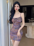 Yipinpay Mini Dresses Women Sleeveless Mesh Bandage Patchwork Tie Dye Ruched Vintage Slim Party Dress Backless Female Clubwear
