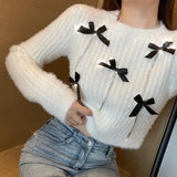 Yipinpay White Blue 3D Bow Rhinestone Chain Sweater Jumper Pull Femme Korean Cropped Sweater Mujer Mink Cashmere Sueter Mohair Top