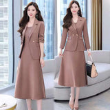 Yipinpay Women's Autumn Winter Suit Jacket Dress Set 2024 New Fashion Korean Elegant Temperament Blazers Suspender Midi Skirt Two-piece