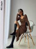 yipinpay Sleeve Midi Dress Woman V Neck Knitted Dresses Solid Autumn Winter High Slit Bodycon Dress Y2k Fashion Khaki Sweater Dress