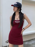Yipinpay Red Sexy Bodycon Dress Women Korean Fashion Vintage Preppy Summer Slim Sleeveless Casual Spaghetti Strap Mini Dress