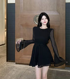 Yipinpay Design Sense Waist and Backless Temperament Sexy High-end Sense of Black Long-sleeved One-piece Short Dress Women