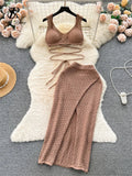 Yipinpay Fashion Y2K Vintage Knitted Suits Bandage Crop Sexy Top+Split Slim Bodycon Skirt Chic Holiday Women Two Pieces Sets