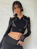 Yipinpay Emo Alt Mall Goth T-shirt Women Streetwear Harajuku Cyberpunk Sexy Hollow Out Patchwork Long Sleeve Tee Tops Techwear