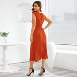 Yipinpay European and American Summer Sleeveless V-neck Lace-up Fashion Slim Temperament Pleated Dress