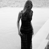 Yipinpay Women Casual Long Dress Solid Color Sleeveless Backless Hollow-Out See-Through Dress Club Street Style Beachwear S M L