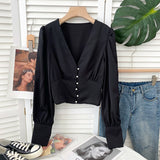 Yipinpay Women Blusas Casual Long Sleeve Elegant Sexy V-neck Blouses Ladies Buttons Crop Top Female Slim Fashion White Shirts