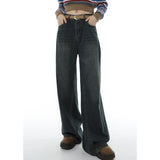 yipinpay Blue Women Jeans High Waist American Fashion Streetwear Wide Leg Jean Female Denim Trouser Straight Stripe Denim Pants