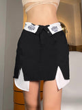 Yipinpay Grunge Y2k Black Mini Skirt Women Chic Flanging Printed High Waist Irregular Patchwork Split Pencil Skirt Streetwear 90s