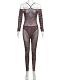 Yipinpay Simenual Sexy Clubwear 90s Rave Printed Mesh Women Two Piece Set Y2K Off Shoulder Bodysuit See Through Skinny Pants Co Ord Suits