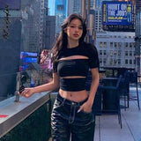 yipinpay Crop Top Short Sleeve T Shirt Women Cut Out Top Y2k Streetwear Solid Color Irregular Hollow Out Knitted Top Women Clothing