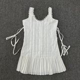 Yipinpay Sweet Lace Spliced Tie up Pleated Slip Dress Summer New Korean Chic Sleeveless Waist Slimming Short White Dress for Women