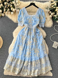 Yipinpay High Quality Lace Embroidery Long Dress Women Short Sleeves Mesh A Line Sundress 2024 French Vintage Floral Midi Dress