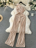 Yipinpay American Retro Sequin Jumpsuit Diagonal Collar Solid Long Wide Legs Pants Romper Elegant Backless Sexy Party Jumpsuits