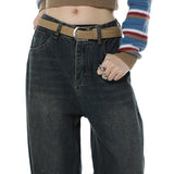 yipinpay Blue Women Jeans High Waist American Fashion Streetwear Wide Leg Jean Female Denim Trouser Straight Stripe Denim Pants