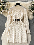Yipinpay Office Lady Knitted Dress Twist Drill Shaped Long Sleeves Belt Solid Women Senior 2024 Winter Thick Sweater Midi Dress