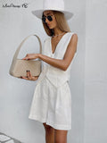 Yipinpay Summer White Elegant Cotton Linen Vacation Outfits Vest Tops And Hot Pants 2-Piece Suit 2023 Office Lady Shorts Sets