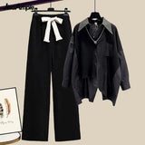 Yipinpay Women's Fashion Set 2024 Spring Autumn New Splicing Shirt+Elastic Waist Wide Leg Pants Two Piece Korean Chic Blouse Trouser Suit
