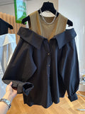 Yipinpay Shoulder Design Loose Vest Sexy Patchwork Y2k Long Sleeve Shirt Fake Two Piece Top Blusas Mujer Casual Blouse Shirts Coat