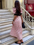 Yipinpay V-Neck Patchwork Printed Dress Summer For Women Short Sleeve Fashion High Waist Party Dress Contrast Ladies Maxi Dress