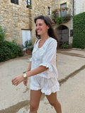 Yipinpay Cotton Shorts Sets Women's Chic Long Sleeve Pater Pan Collor Blouse High Waist Shorts 2 Pieces Sets Female Beach Outfits
