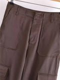 Yipinpay Women's Cargo Trousers Brown Cargo Pants Women High Waist Baggy Pants Woman Fashion Pockets Streetwear Satin Casual Pants
