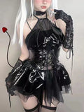 Yipinpay Sexy Cosplay Pu Dress Women Harajuku Streetwear Grunge Bandage Hollow Out Bats Dress Punk Y2k E-girl Mall Gothic Clothes