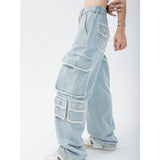 yipinpay Women's Straight Cargo Jeans High Waist American Streetwear Vintage Pants Chic Design Casual Ladies Denim Wide Leg Trouser