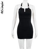 yipinpay Dresses Off Shoulder Mini Dress Halter Neck Festival Outfits Streetwear Y2k Solid Sleeveless Black Dress Women's Clothing