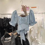 Yipinpay Bandage Crop Top Femme Pink Doll Blouse Blusas Mujer De Moda 2023 Bow Backless Black White Ruffle Pleated Shirt Women