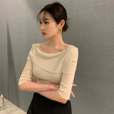 Yipinpay Shirts for Women Slim One Shoulder Half Sleeve T Shirt Women Thin Ice Silk White Top Short Sleeve Black Knitted Tshirt