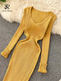 Yipinpay Women Autumn Knitted Dress V Neck Sexy Slim Elastic Oversized Basic Bodycon Long Dress Winter knit Warm Sweater Dresses