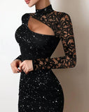 Yipinpay for women 2023 elegant high quality Glitter Contrast Lace Cutout Bodycon slim skinny Dress evening Party dresses Sexy