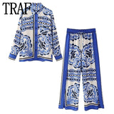 Yipinpay Women Pants Sets Blue Print Wide Leg Pants Women 2023 Mid-Waist Pyjama Woman Trousers Split Summer Casual Baggy Pants