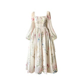 Yipinpay Elegant Floral Midi Dress Chiffon Long Sleeve Evening Party Dress Woman Beach Fairy One Piece Dress Korean 2024 Summer