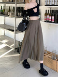 Yipinpay Korean Vintage Pleated Skirt Long Women Autumn Low Rise Preppy Style Casual A-Line Midi Skirt for Girls 90s Streetwear