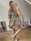 Yipinpay Short Puff Sleeve Leopard Mini Dress Women 2024 Elegant Lace Up Round Neck Short Dress Summer Loose Casual Beach Dress