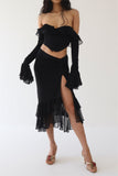Yipinpay Womens Summer Skirt 2Pcs Suit Solid Color Long Sleeved Ruffled V-Neck Cropped Tops + Low Waist Fish Tail Slit Long Skirt